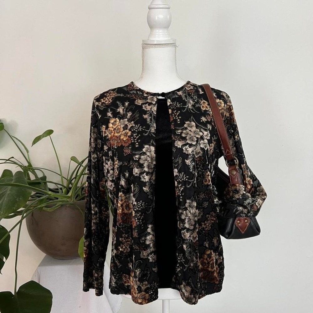 Vintage 90s Y2K Whimsygoth Sheer Mesh Velvet Burnout Black Floral Sheer Top Sz M